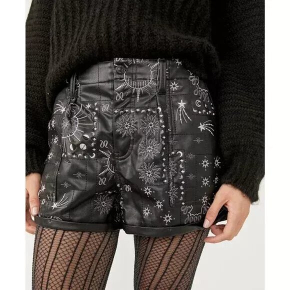 Free People shorts size 6 Raise The Stakes Black Faux Leather Embroidered. NWT - Picture 3 of 8